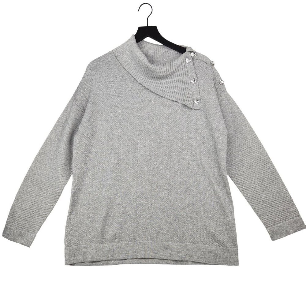 Chico's Sweater Womens Size 2 (12-14) Metallic Ribbed Tunic Asymmetrical Jeweled